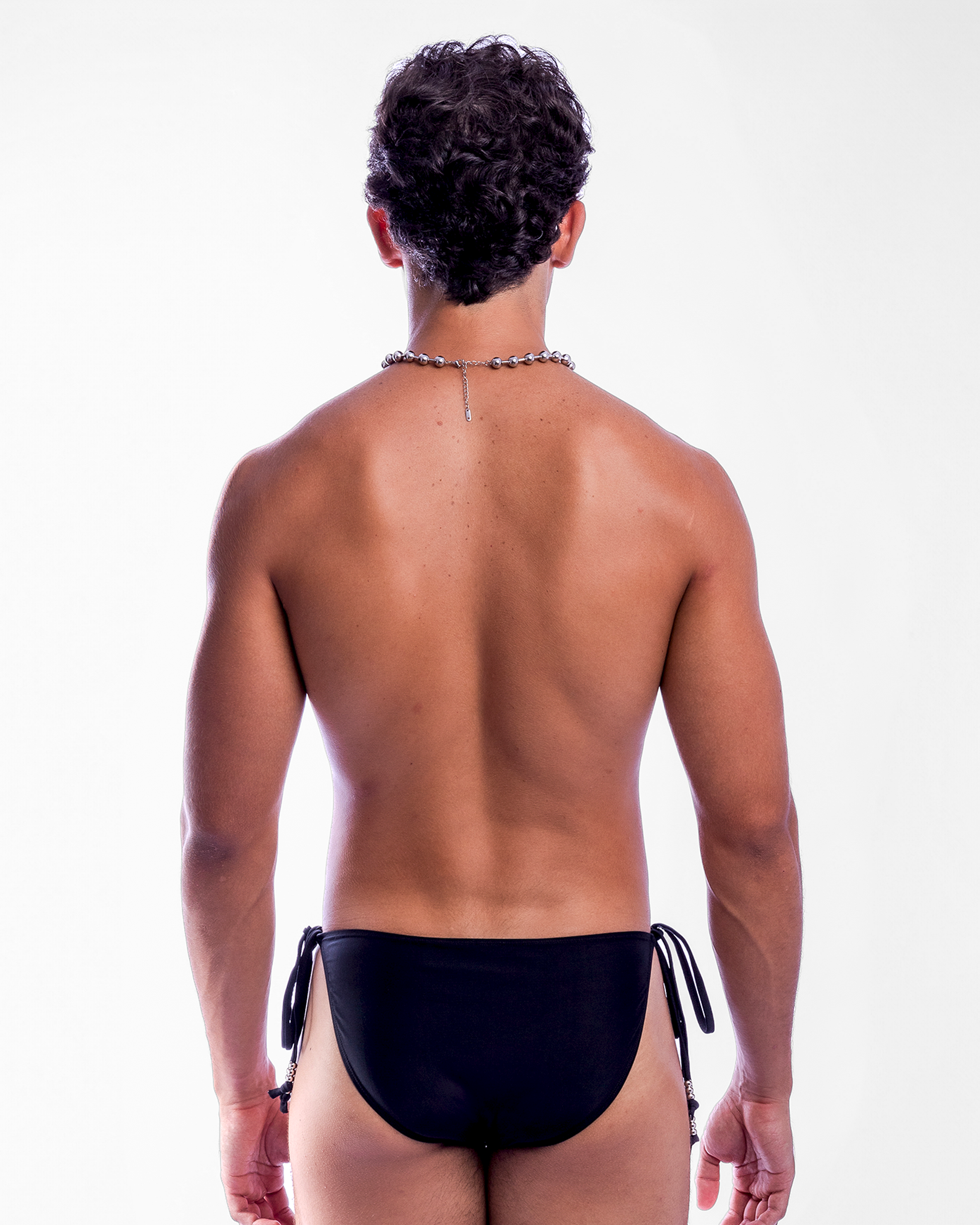Beaded Side-Tie Swim Brief in Black