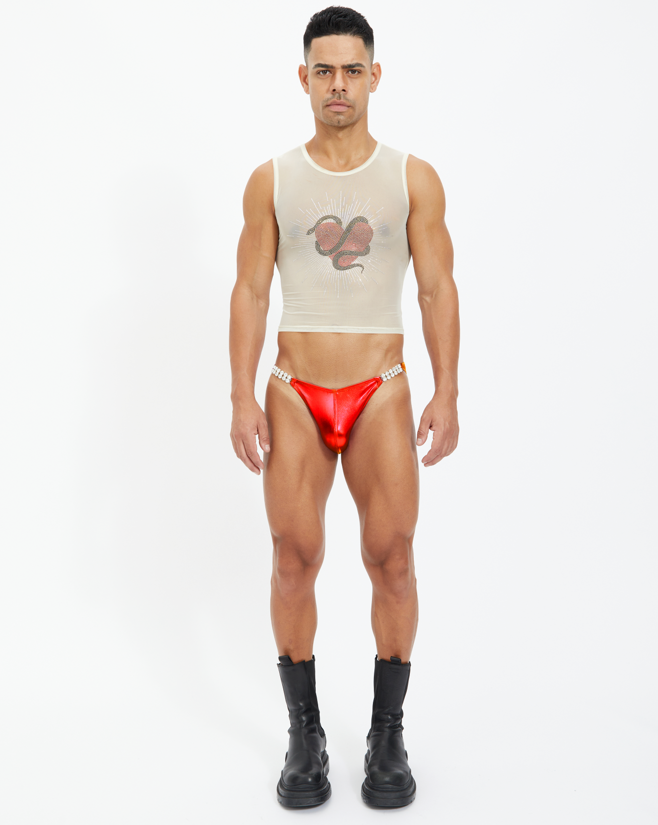 Poison Rhinestone Mid Crop Tank Top - Nude Sheer