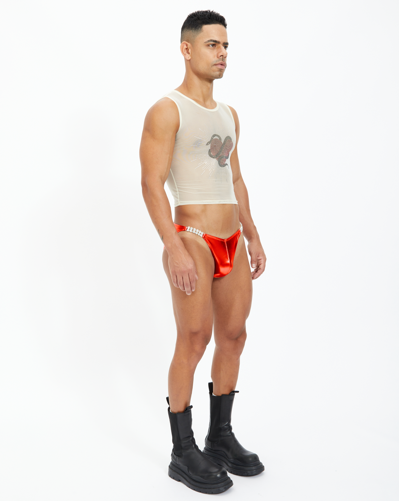 Poison Rhinestone Mid Crop Tank Top - Nude Sheer