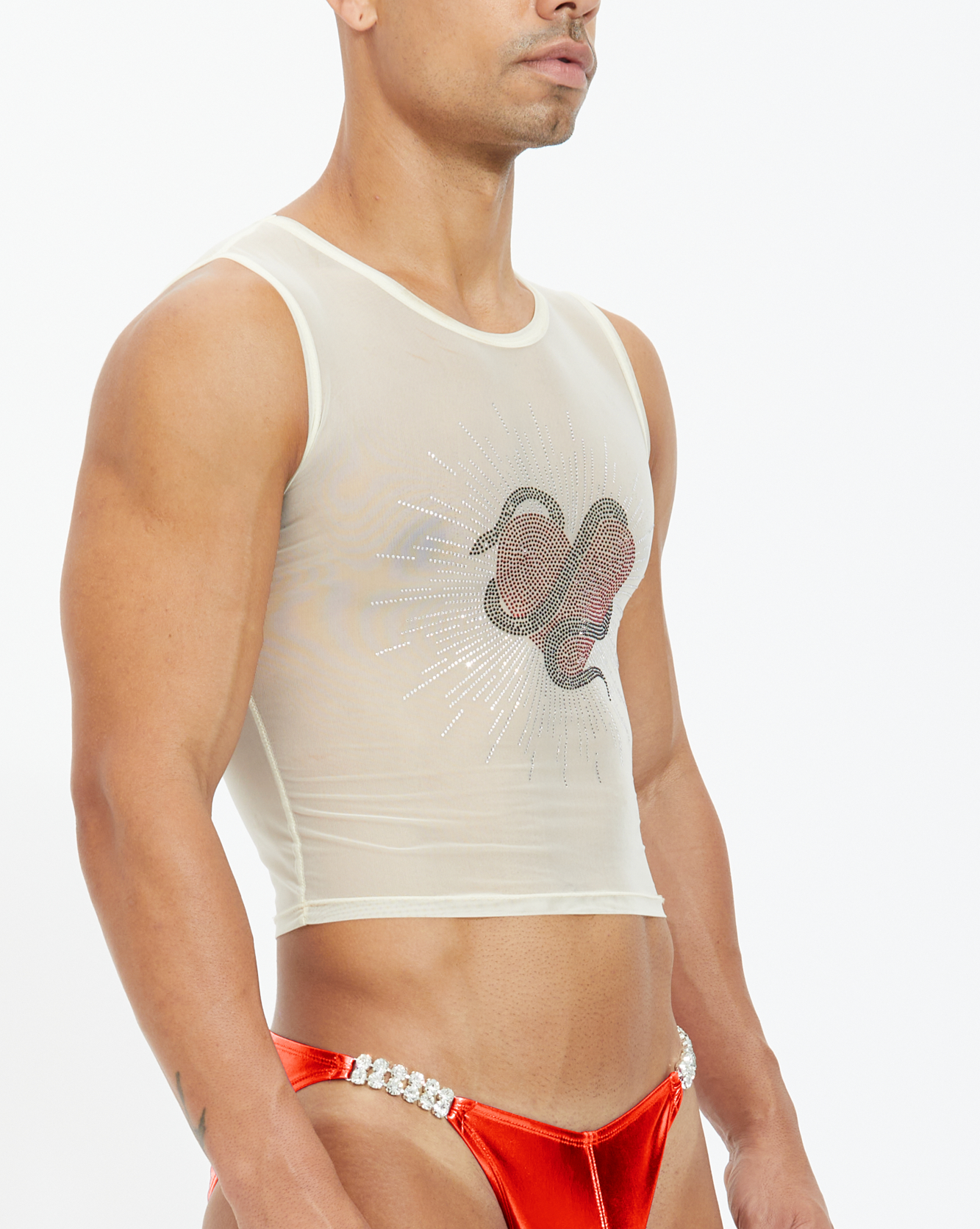 Poison Rhinestone Mid Crop Tank Top - Nude Sheer