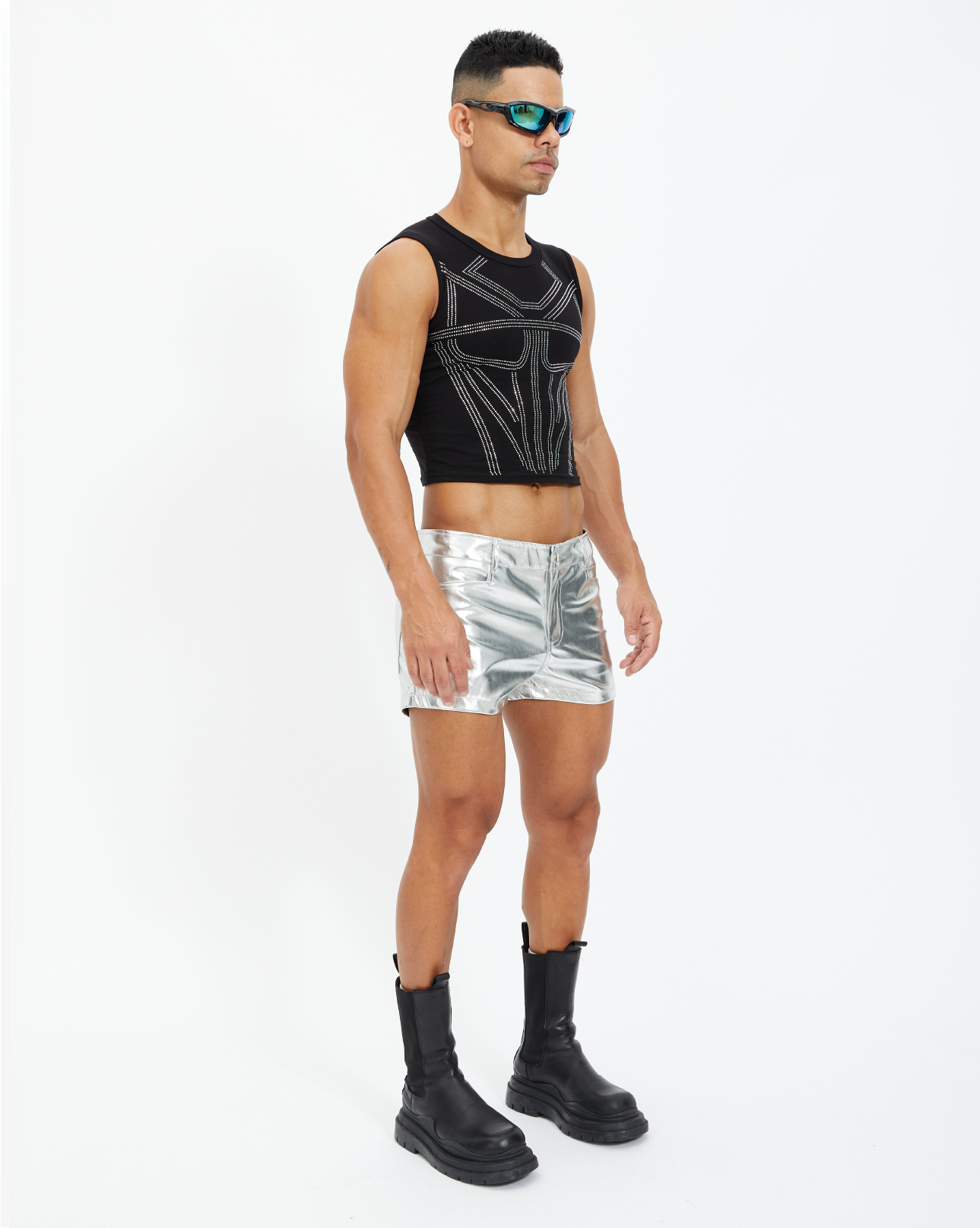 Slim shorts in metallic silver leather look