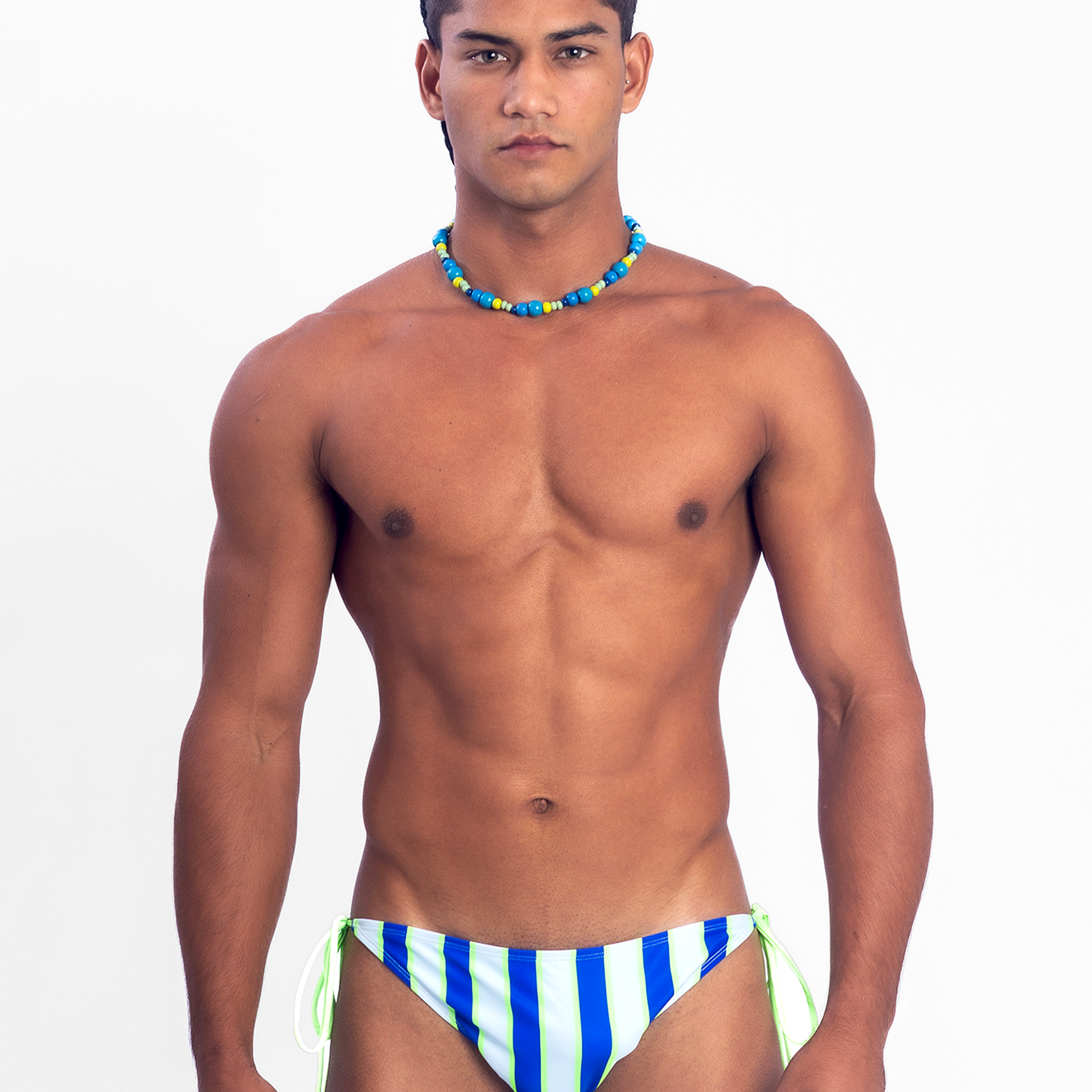 Beaded Side-Tie Bikini Brief - Blue Stripe
