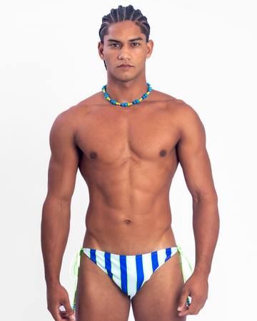 Beaded Side-Tie Bikini Brief - Blue Stripe
