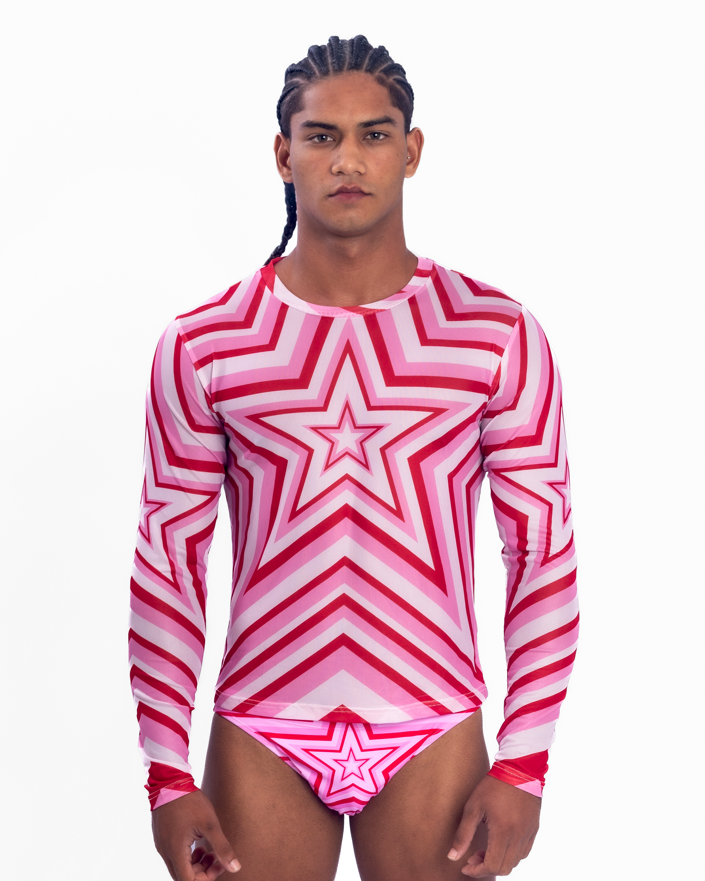 Star Mesh Crew muscle fit long sleeve mesh t-shirt in Pink