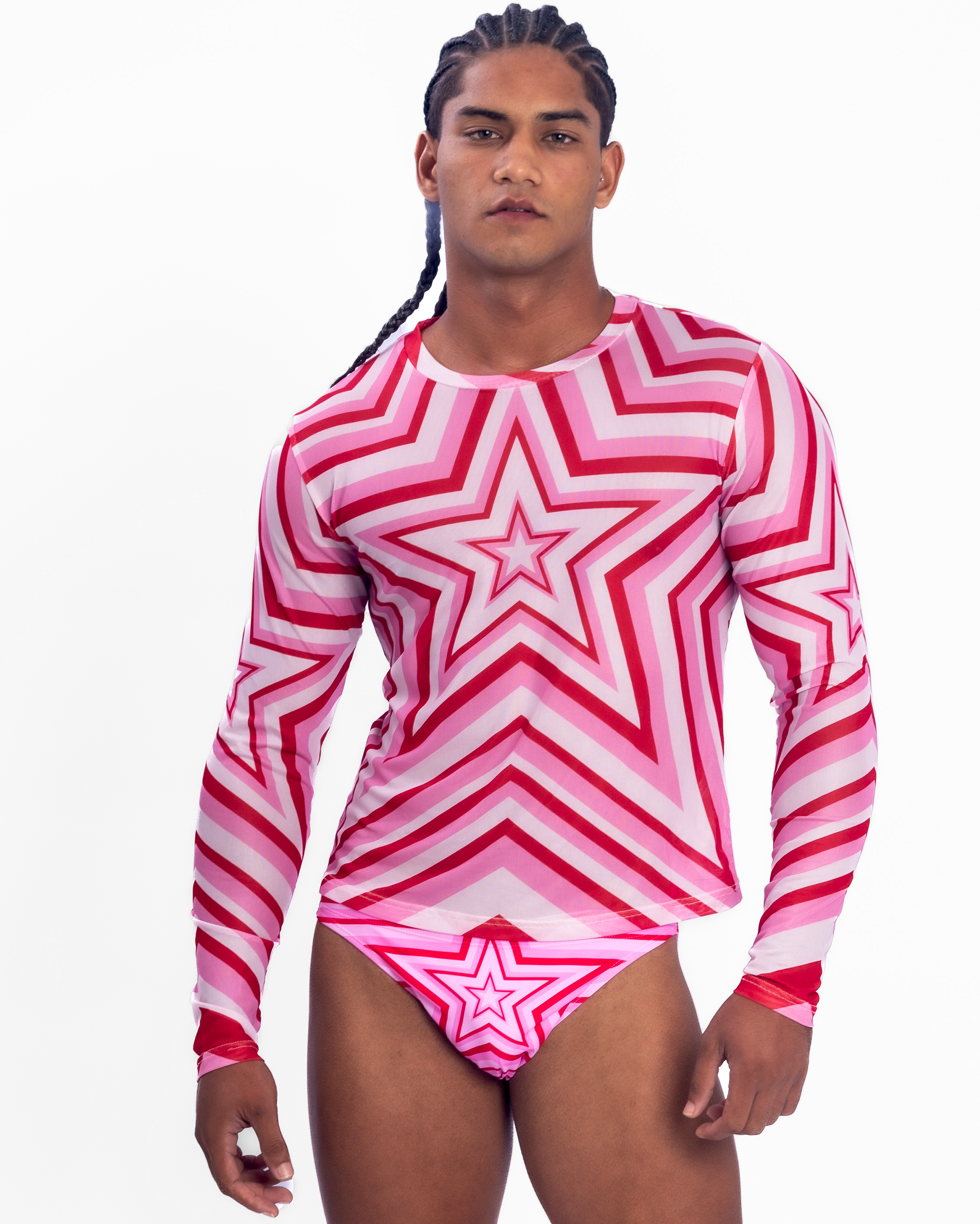 Star Mesh Crew muscle fit long sleeve mesh t-shirt in Pink