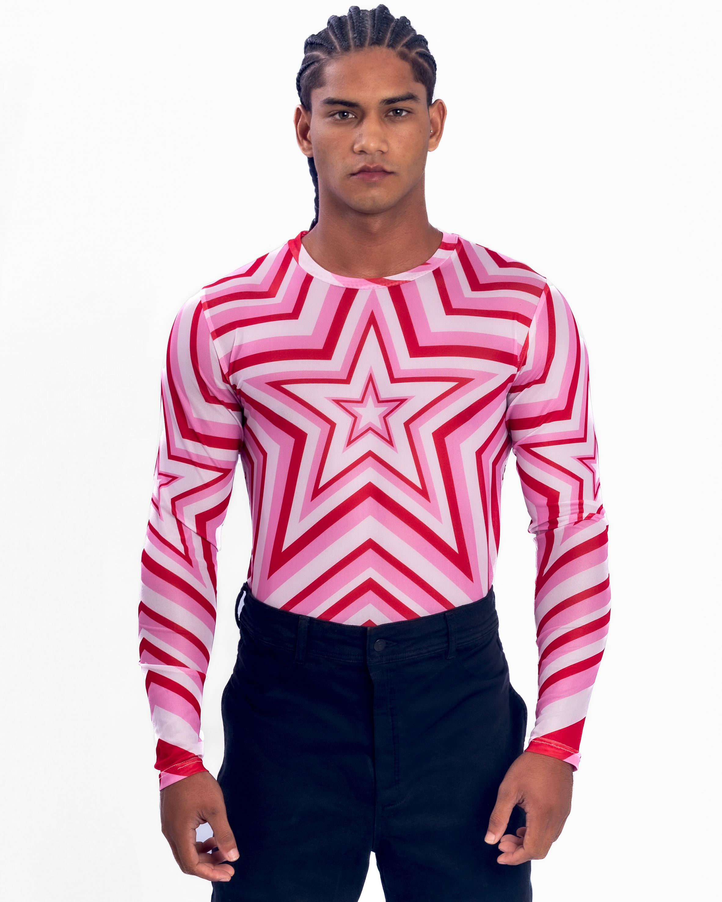 Star Mesh Crew muscle fit long sleeve mesh t-shirt in Pink