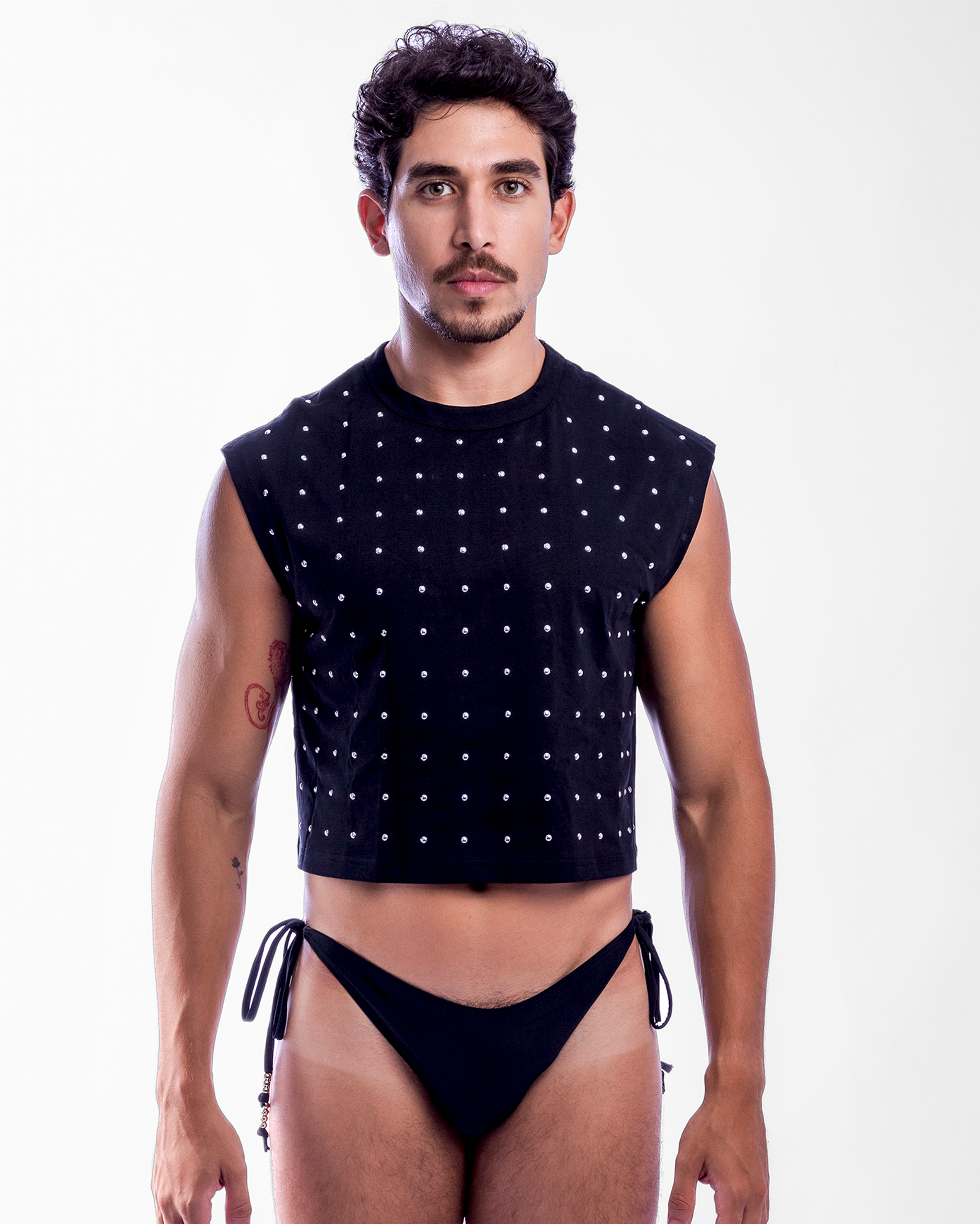 Chrome Studded Mid Box Crop in Black