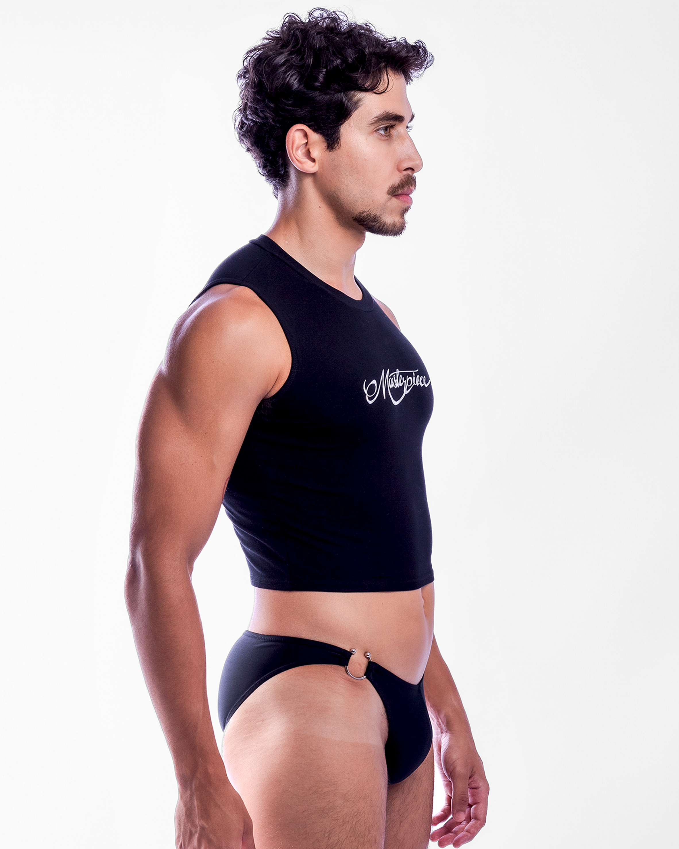 Masterpiece Logo Mid Crop Tank Top in Black & Chrome