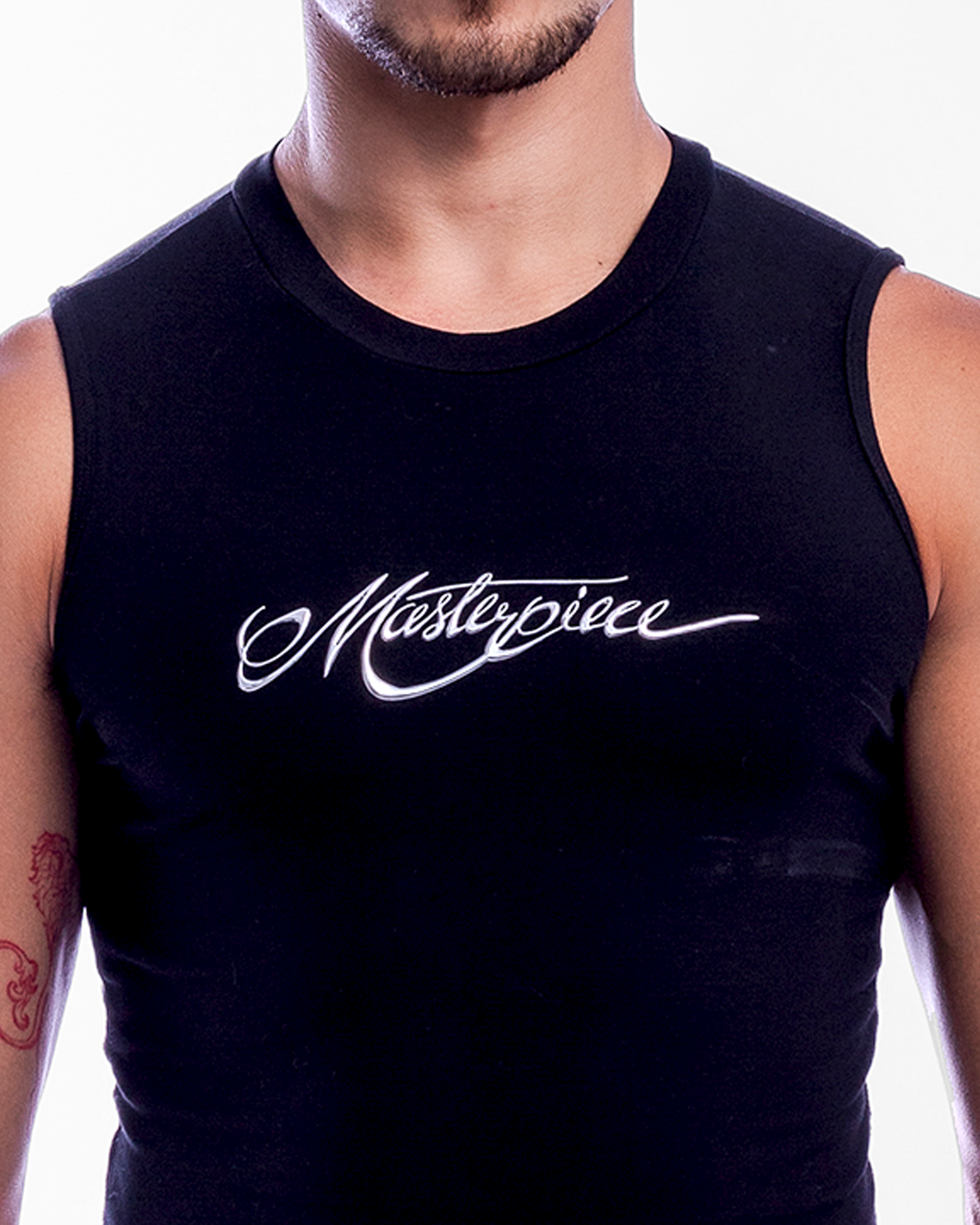 Masterpiece Logo Mid Crop Tank Top in Black & Chrome