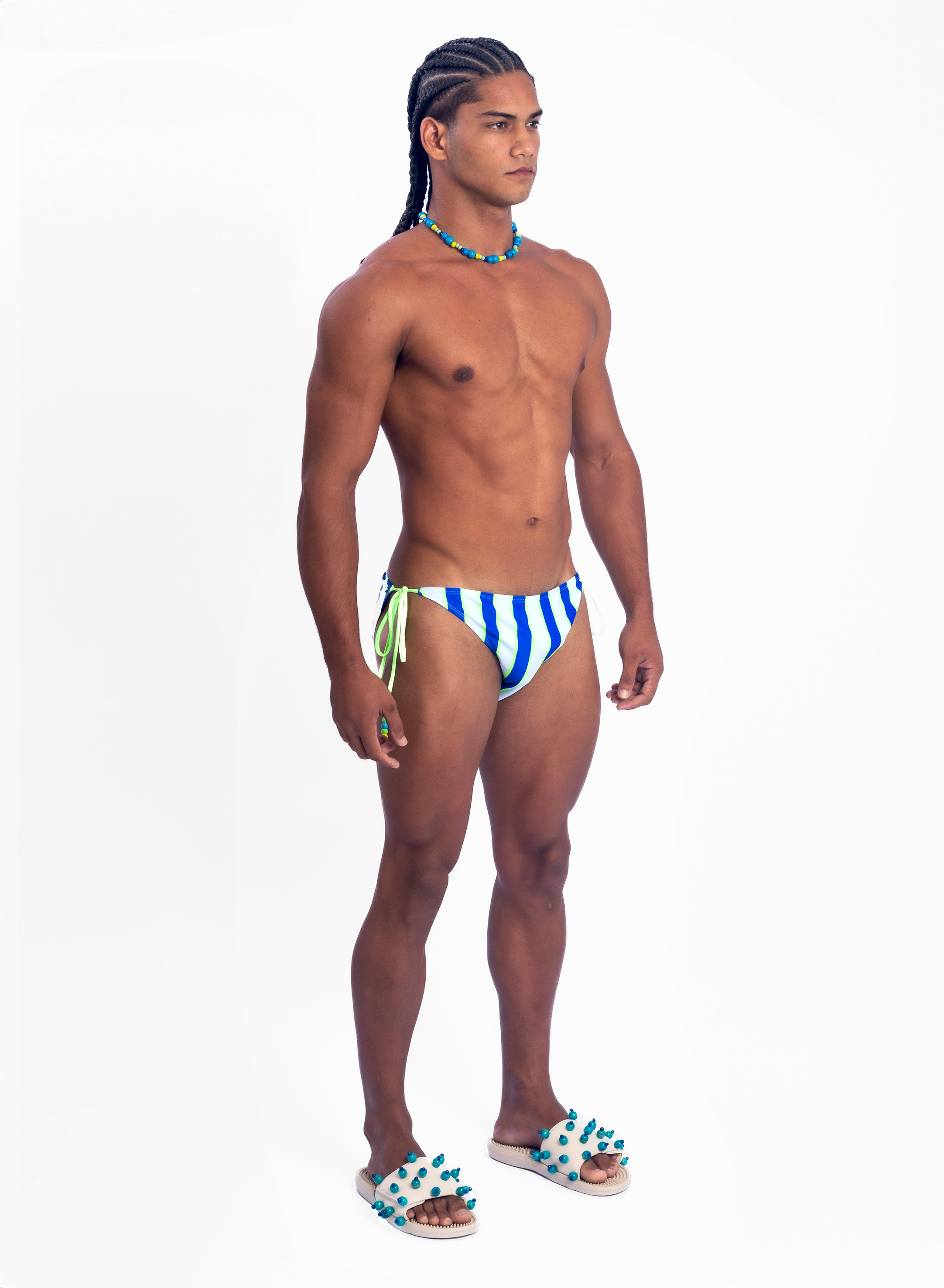 Beaded Side-Tie Bikini Brief - Blue Stripe