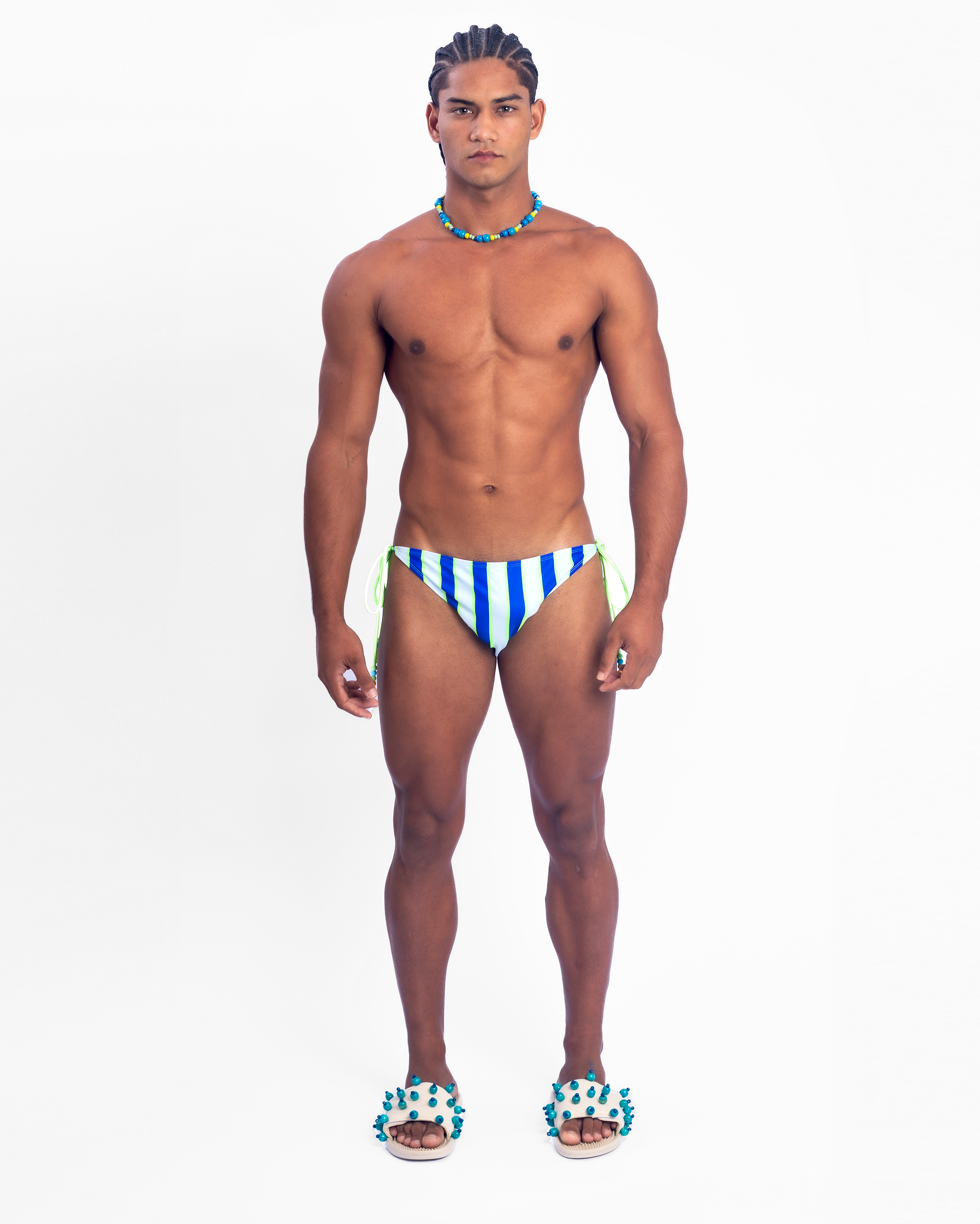 Beaded Side-Tie Bikini Brief - Blue Stripe